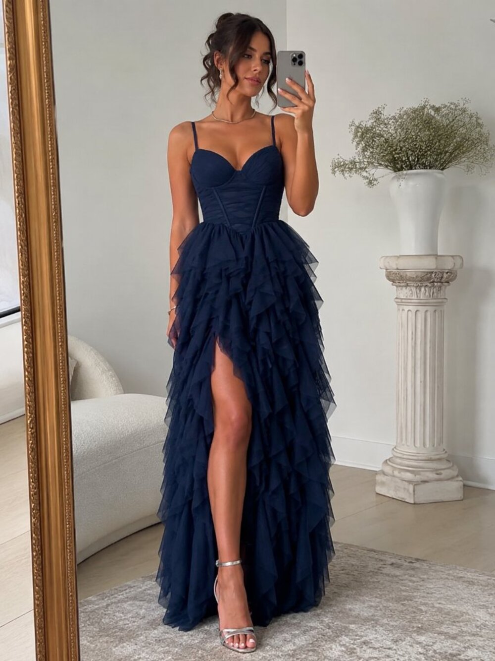 Windsor Black Ruffle Tulle Maxi Dress Front Slit XS NWOT Formal Prom Gown